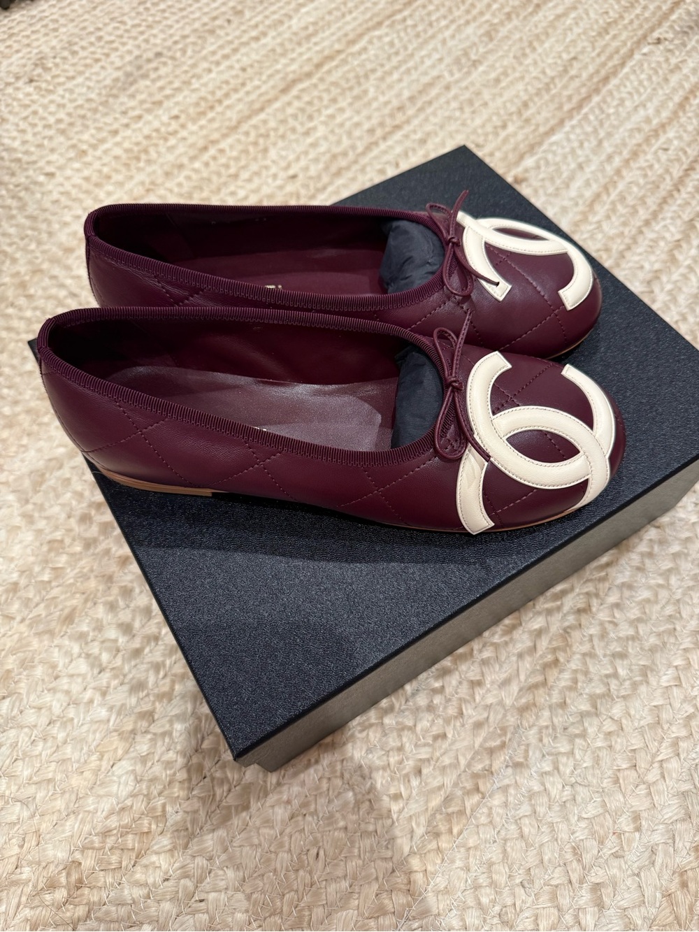 Chanel Burgundy Quilted Leather Ballet Flats with Cream Accent